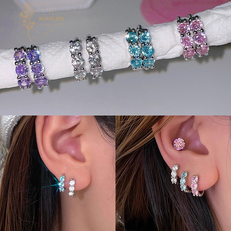 ต่างหูเงินสีชมพูและสีฟ้าส925 พร้อมคริสตัลดesignเกาหลี สำหรับผู้หญิง เป็นของขวัญที่สวยงาม