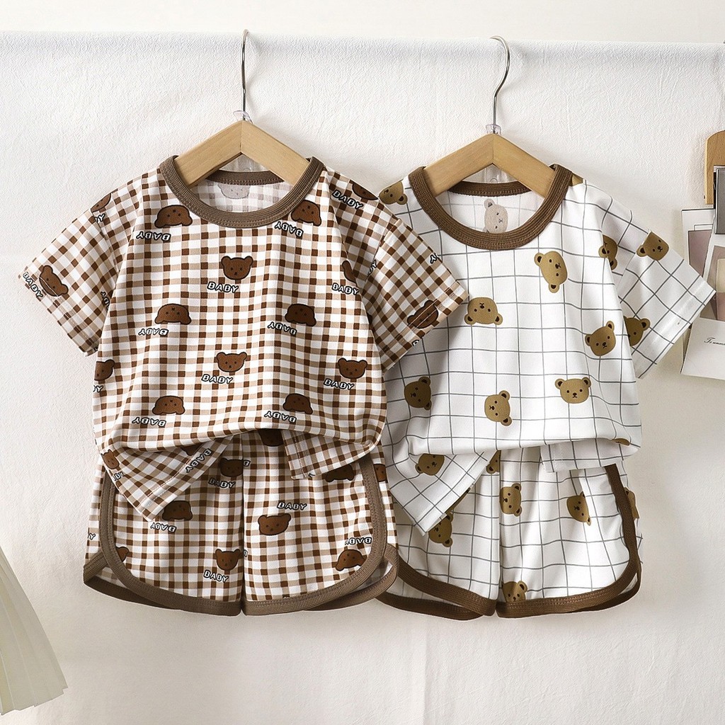 2025 new summer children s clothing two-piece suit short sleeve + shorts comfortable and breathable home clothes fashionable bear print ✨california223.th✨