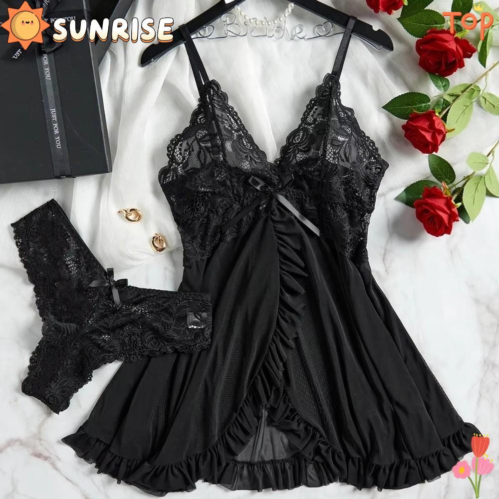 SUNRISE Nightdress ลูกไม้ คอวี ผ้านุ่ม ชุดนอนสไตล์แฟชั่น