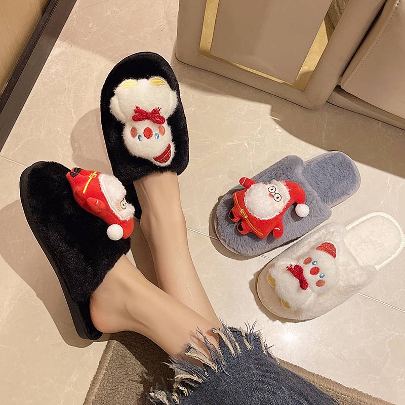 INS Cute Women's Slippers Interior Home Home Non-Slip Warm Santa Claus Wool Sleeper Baotou Cotton Sl
