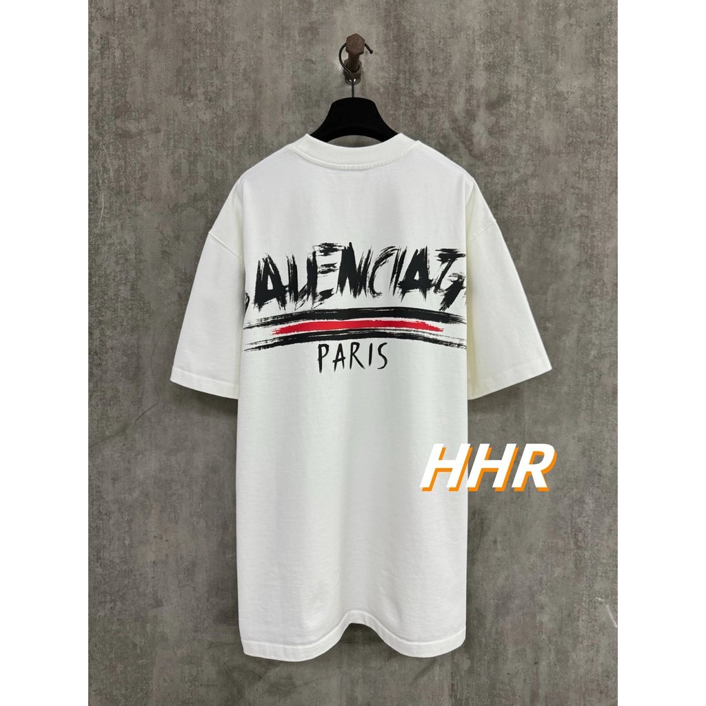 [รุ่นที่ถูกต้อง] Balenc1ag @/Paris 25ss Graffiti สไตล์พิมพ์รอบคอแขนสั้นเสื้อยืดน้ําหนัก 400g FW25 Pu