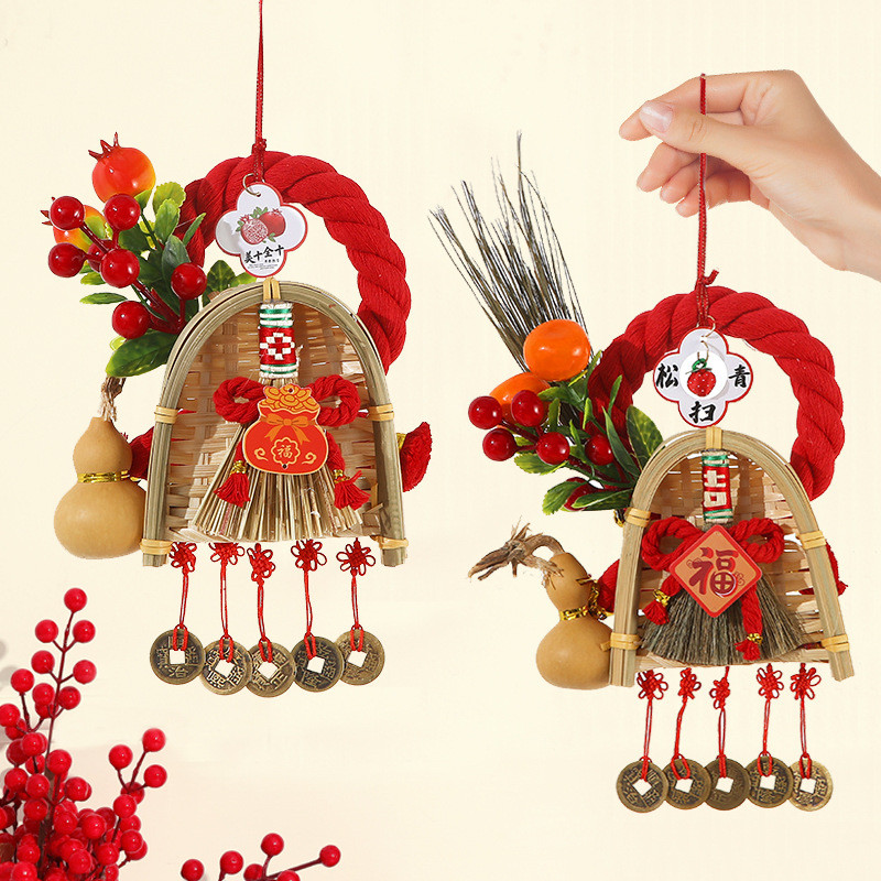 2026 มาใหม่! Fu Lu Sweep Broom Gourd Door Hanger - Horse Year Spring Festival Ornament for Good Fort