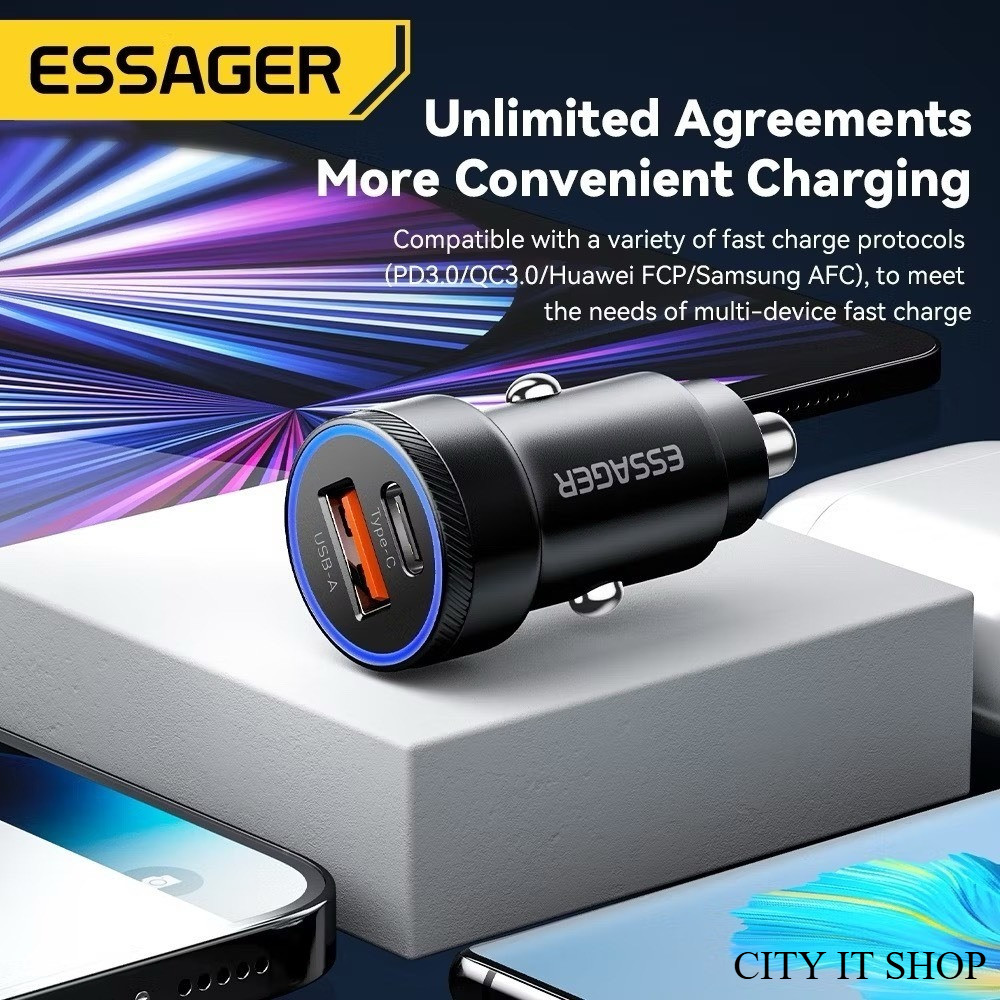 Essager 54W ที่ชาร์จในรถยนต์ USB A Type C PD Super Fast Charging Quick Charge รองรับ แอนดรอย IP ลองรับ 12-24V  Y54W