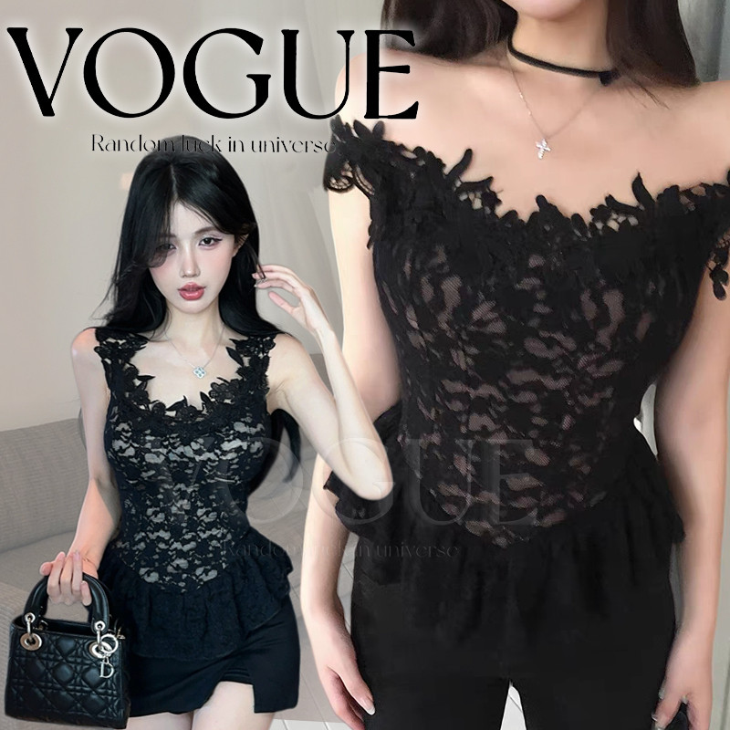 Vogue พร้อมส่ง เสื้อปาดไหล่ดีเทลลายลูกไม้สีดำ เสริมฟองน้ำ สไตล์เกาหลี (FY257#1)