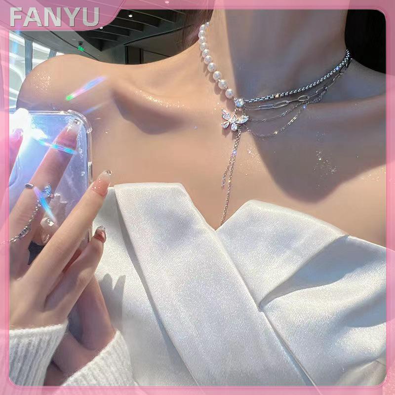 SGL สร้อยคอมุกเพทายผีเสื้อเซลจี้เย็บแสงหรูหราโซ่กระดูกไหปลาร้าแหวนนิ้วสําหรับผู้หญิงที่สง่างามที่ละเ