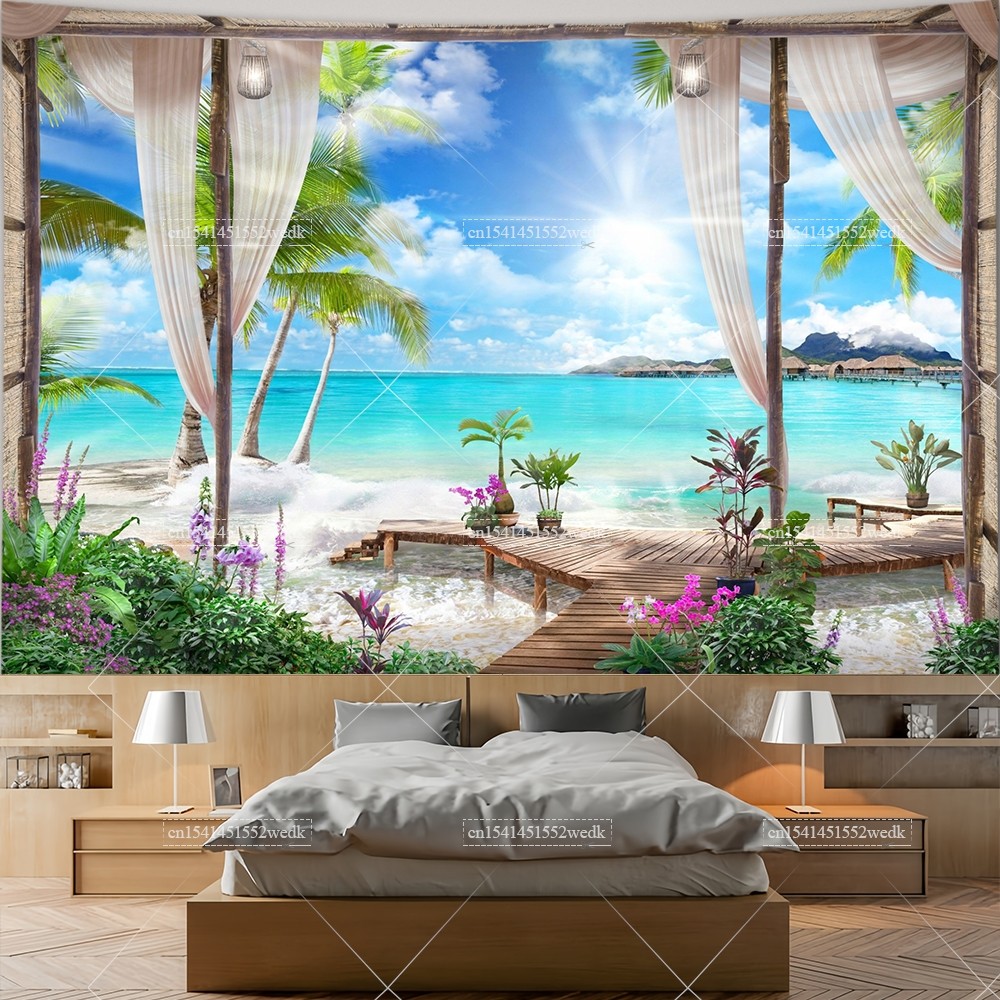 Window Scenery Tapestry Wall Hanging Landscape Tapestries Aesthetic Bedroom DecorationBackgroundClot