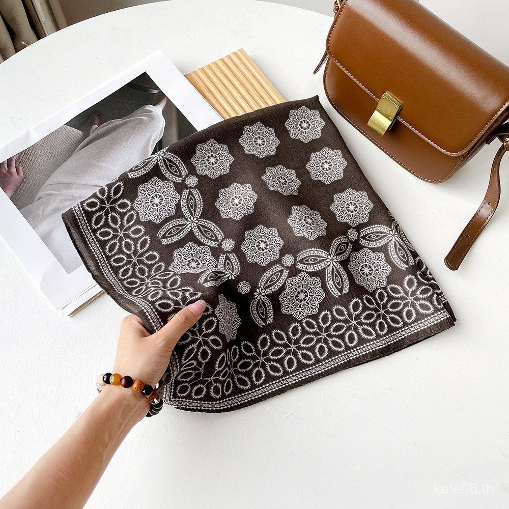 Retro สีกาแฟผ้าพันคอสี่เหลี่ยมเล็กผู้หญิง All-Match ผ้าพันคอผ้าไหม 70 ผ้าพันคอสแควร์คอป้องกัน Sun Pr