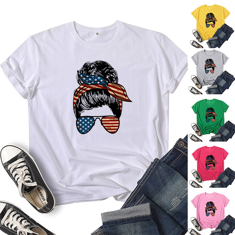 สไตล์เกาหลี 2026 erics4th of July,All American Mama Icture Printing Crossular Flower T TshirtBeautyN