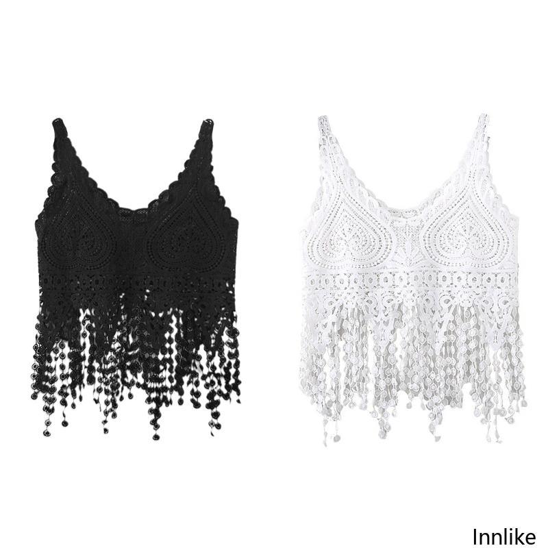 INN Crop Top โครเชต์โปร่งแสงสำหรับผู้หญิง เหมาะสำหรับสวมใส่ที่ชายหาด