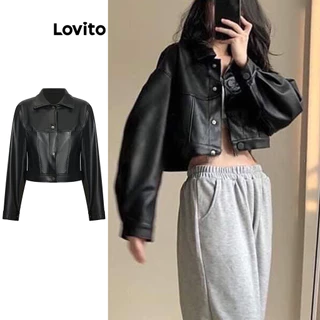 Lovito เสื้อแจ็คเก็ตลำลองผู้หญิง กระดุมเรียบ เสื้อแจ็คเก็ตฤดูร้อน/ฤดูใบไม้ผลิ L76AD091