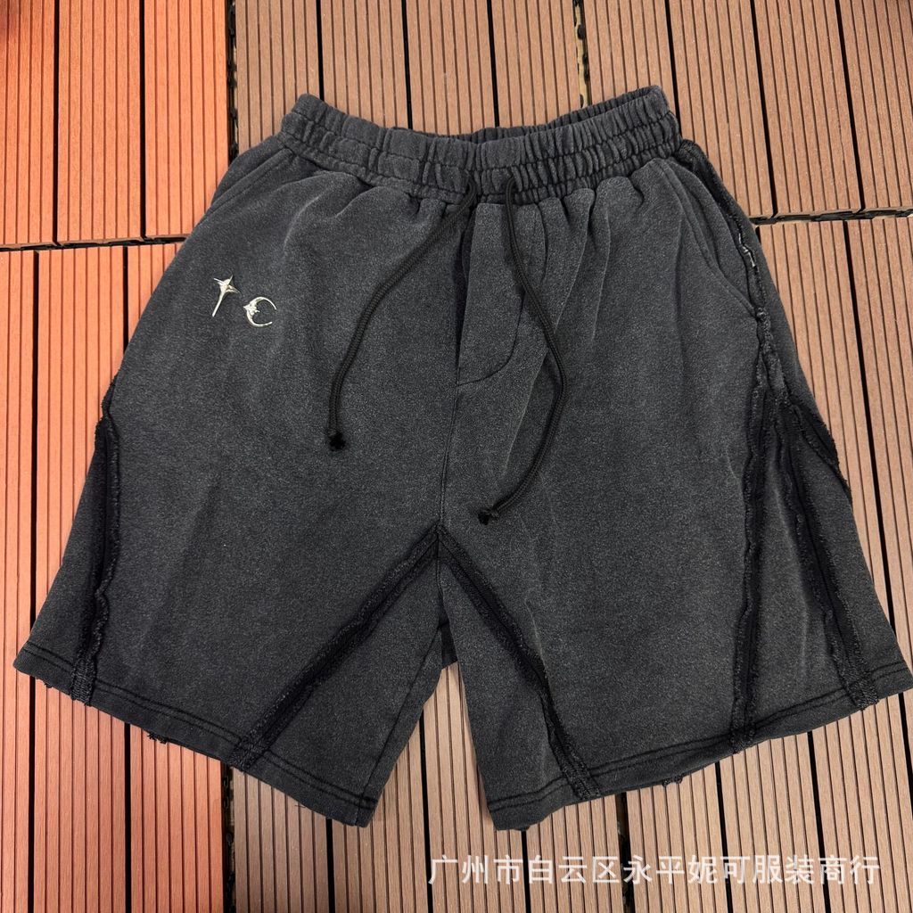 H8PK Thug Club Metal logo Washed Vintage Patchwork Drawstring Shorts Loose Terry Solid Color Sports 