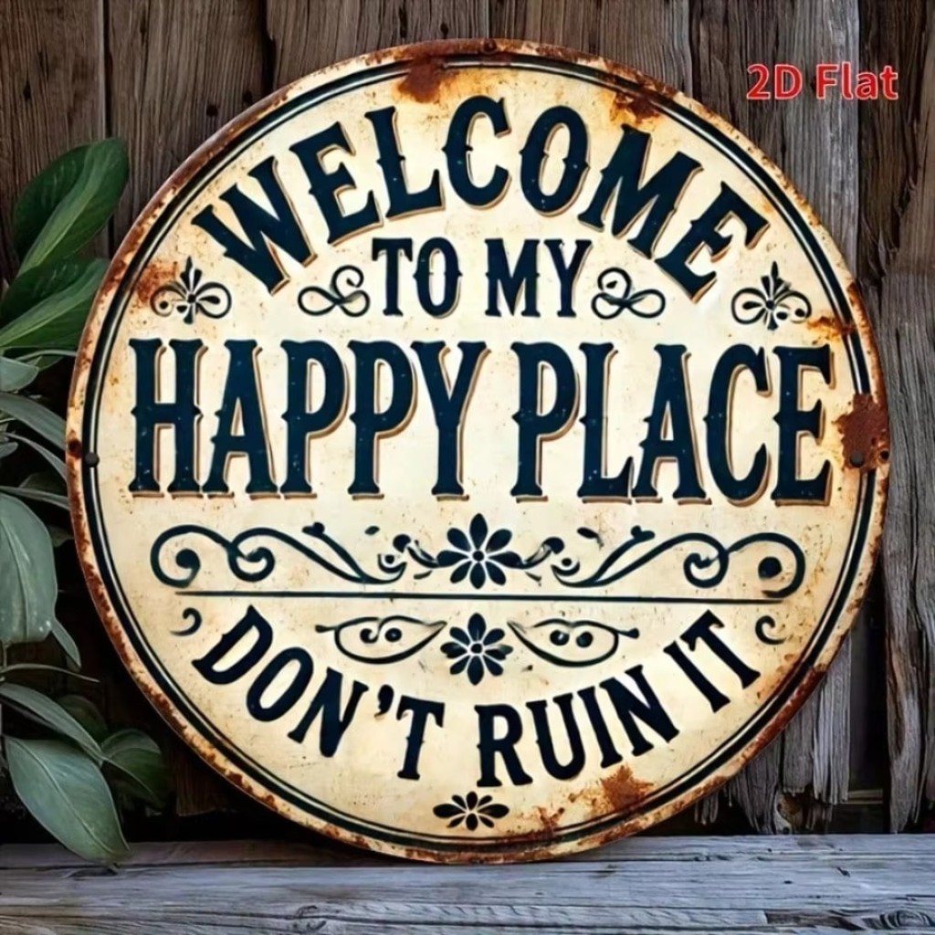 CIFbuy ยินดีต้อนรับสู่ My Happy Place ป้ายโลหะกลม 2D แขวนง่ายสําหรับห้องนอนห้องครัวบาร์รับประทานอาหารไอเดียของขวัญที่ไม่ซ้ําใคร