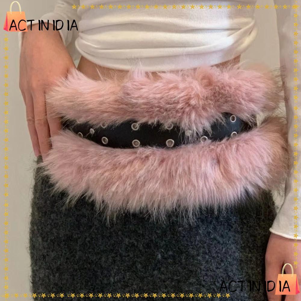 ACTINIDIA เข็มขัดเอวแบบแฟชั่นปรับได้ ออกแบบด้วยหนังและตกแต่งด้วยขน faux fur สไตล์ Y2K สำหรับสาวๆ