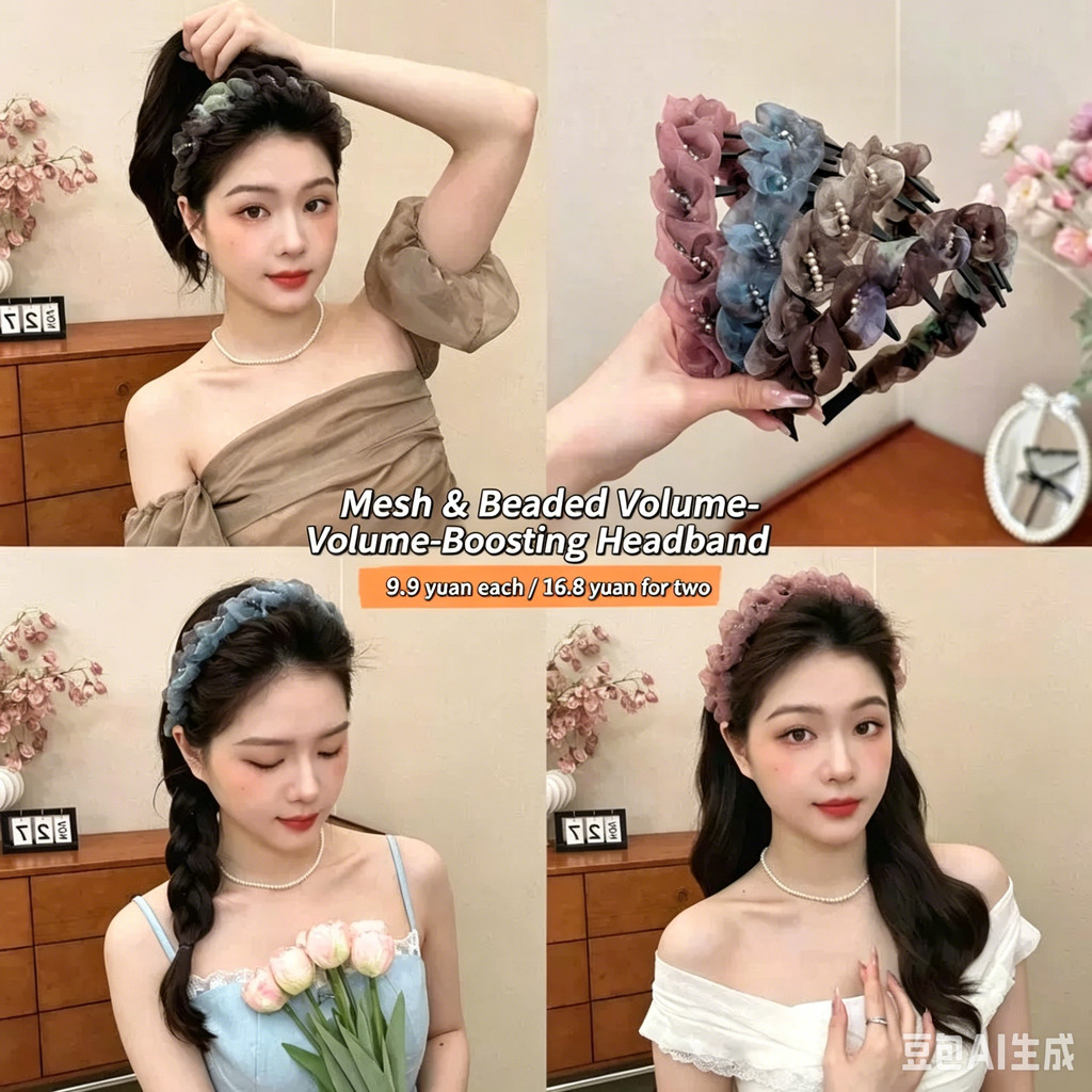 Misty Forest Tulle Gradient Beaded Headband High Cranium Hair Hoop Elegant Anti Slip เครื่องประดับผมสําหรับผู้หญิง