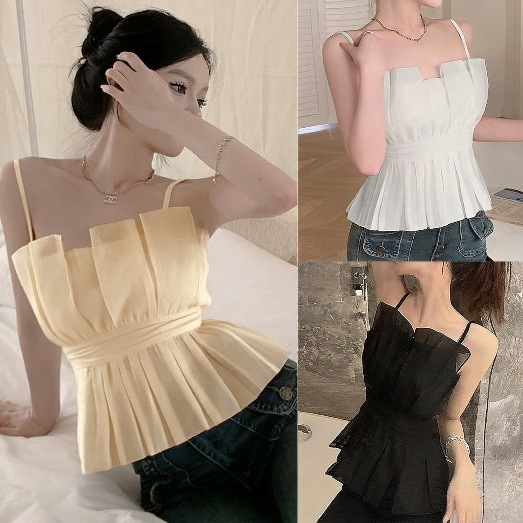 เสื้อสายเดี่ยวครอปสไตล์เกาหลี รุ่นซิปหลัง ทรงสวยดูลูกคุณหนูมาก สายปรับได้ตามความชอบ ทรงเหลี่ยมแนวเวียดนาม