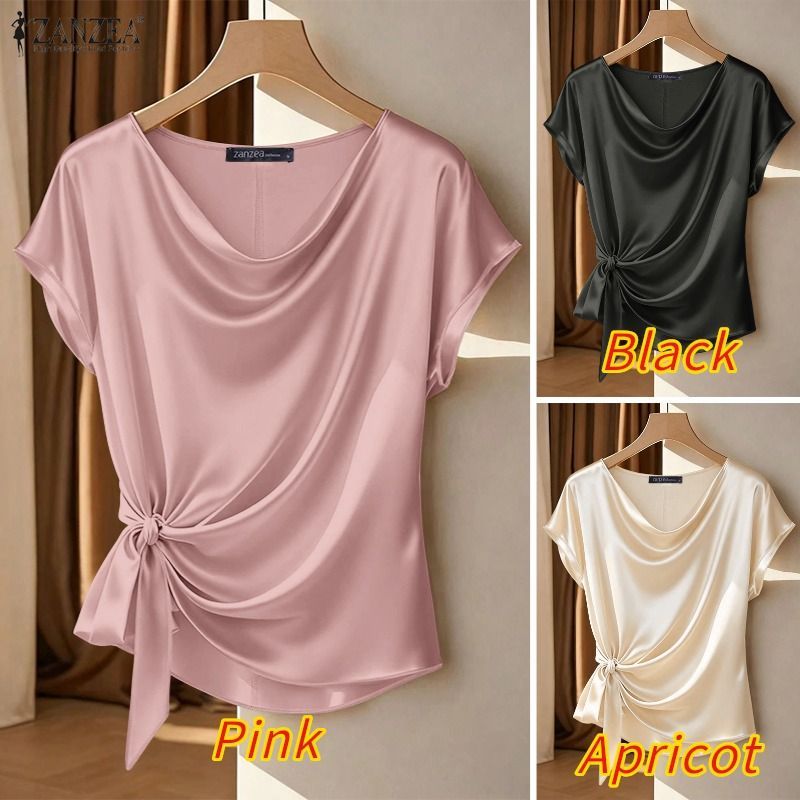 Zanzea ผู้หญิงเกาหลีสันทนาการซาติน Draped คอไม่สม่ําเสมอ Hem Twisted Knot เสื้อยืดแขนสั้น Presale — صورة 3