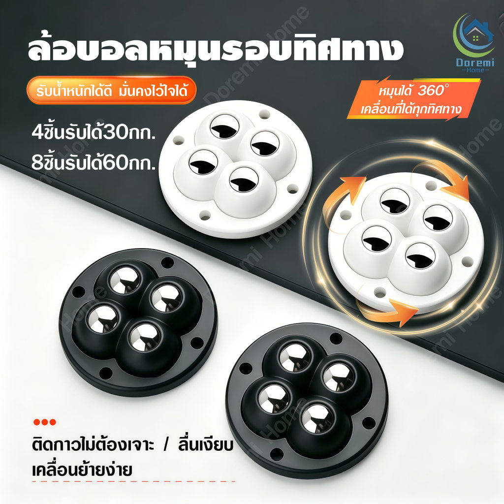 ลูกล้อบอลแบบติด 360 องศา หมุนลื่น ไร้เสียง ไม่ต้องเจาะ ติดแน่น สำหรับกล่อง ถังขยะ เฟอร์นิเจอร์ (4 ชิ้น)