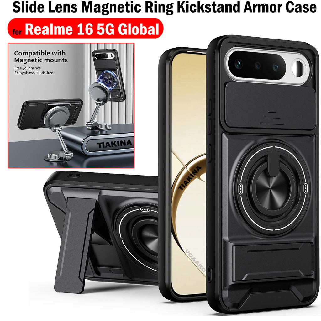 สไลด์เลนส์ Funda สําหรับ OPPO Realme 16 5G Global กรณีหมุนแหวนแม่เหล็กสําหรับ Realme 16 5G Global กรณี Kickstand เกราะ Capa