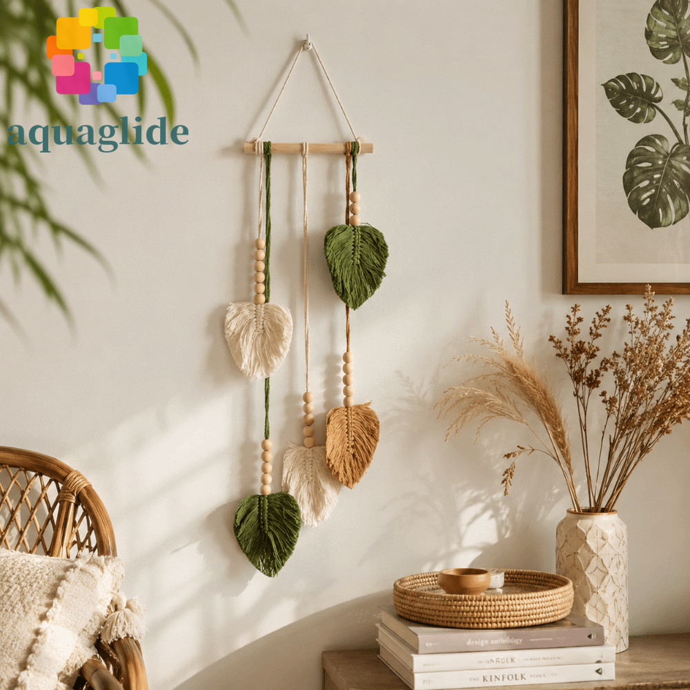 AQUAGLIDE Wall Art Leaf Tapestry, Retro พู่ Bohemian Wall Decor, Vintage Handmade ลูกปัดไม้เส้นด้ายทอจี้แขวนผนังห้องนอน