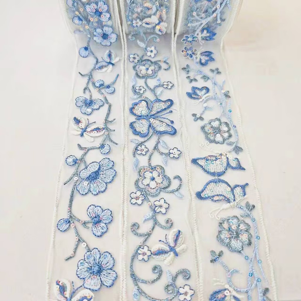 ลูกไม้จีนผีเสื้อสีฟ้าดอกไม้ขนาดเล็กโบราณ Hanfu Cheongsam ข้อมือคออุปกรณ์เสริม Barcode Q2VS