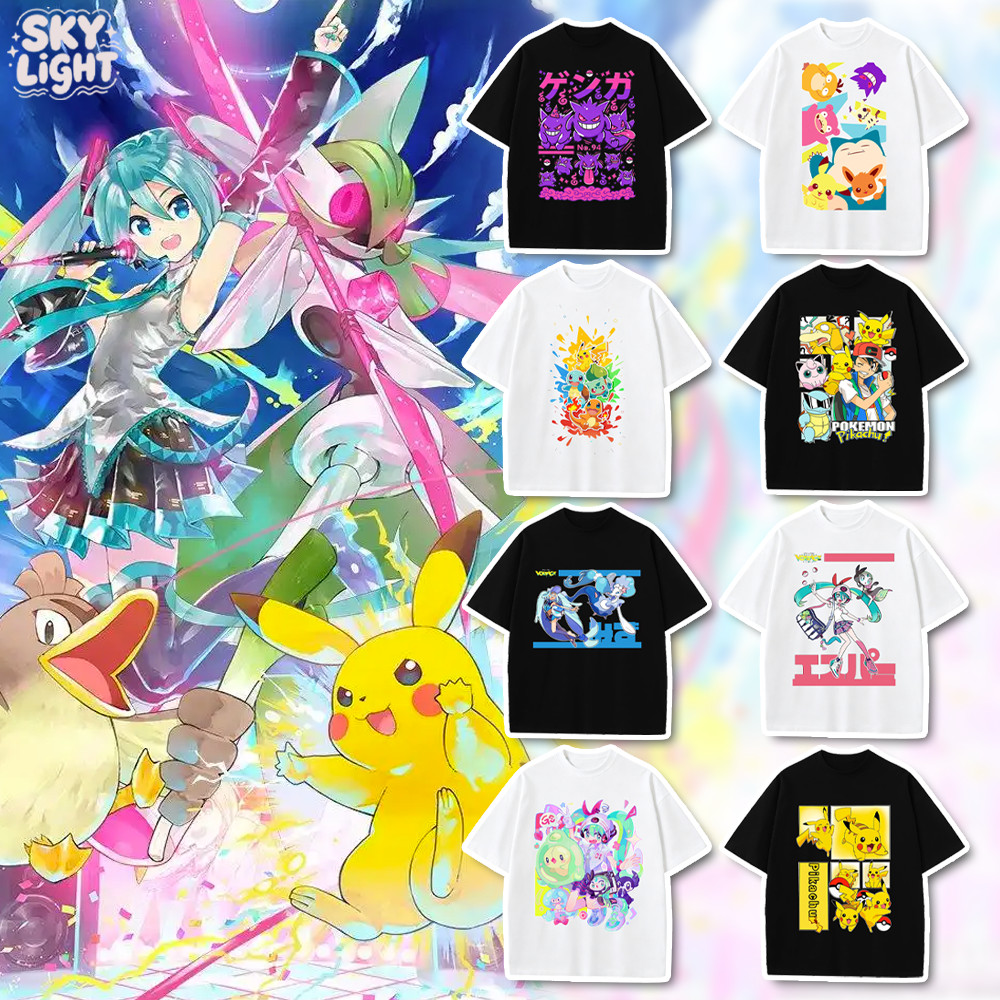Pokemon เสื้อสําหรับชายผู้ใหญ่ 100 ผ้าฝ้ายการ์ตูนแขนสั้น Tshirt รอบคอ Gengar Pikachu Jigglypuff Casual สวมใส่ทุกวัน