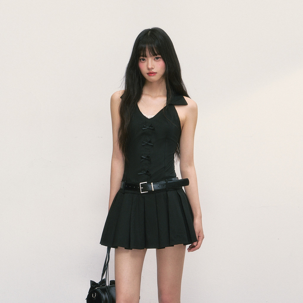 weekendhub ชุดเดรคอโปโลสีดำ จีบ สไตล์ฝรั่งเศส ฤดูร้อน