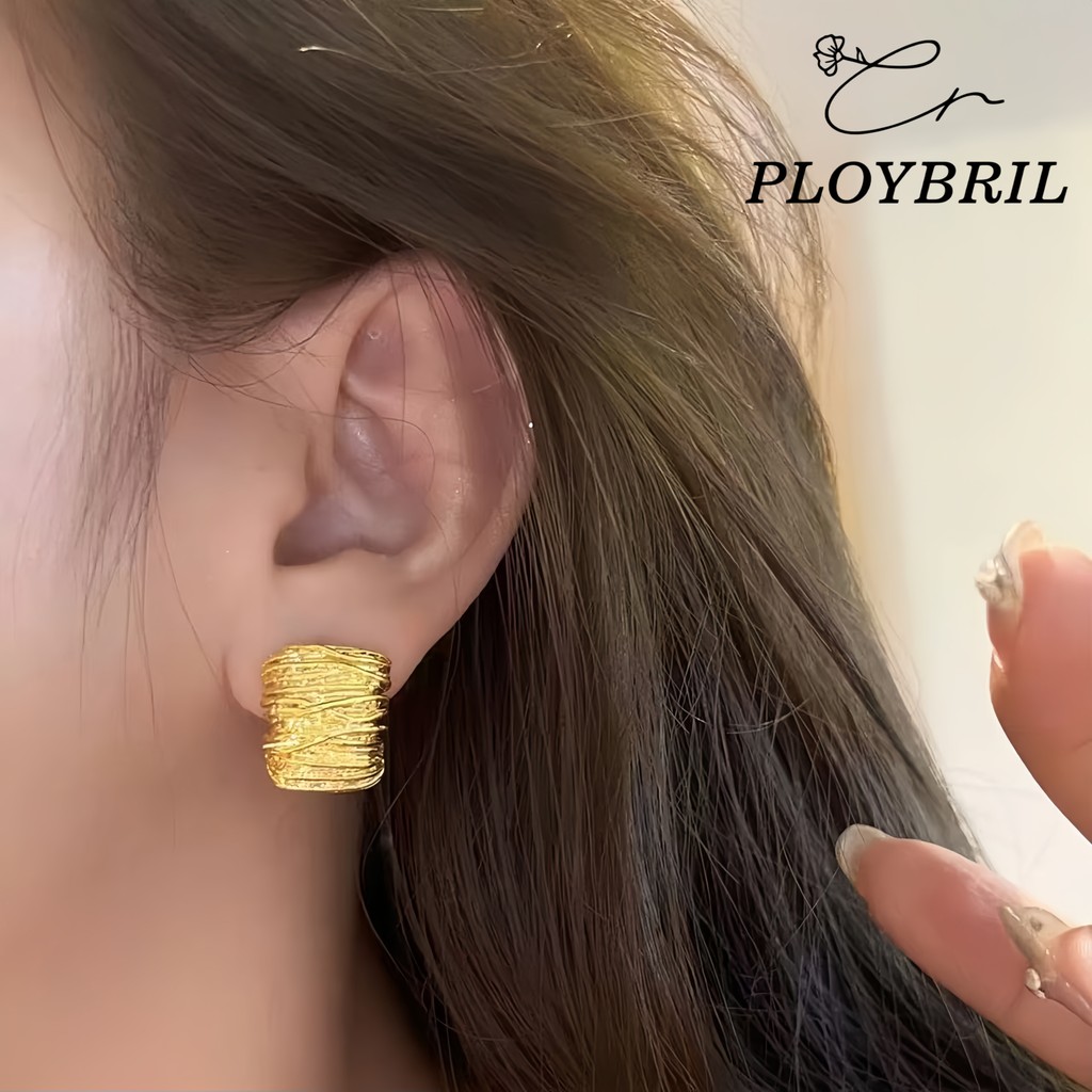 PLOYBRIL จูชิ ไม่สม่ําเสมอโลหะจีบต่างหู ส925 เงิน เข็มหมุด แฟชั่นวินเทจของขวัญวันหยุดอุปกรณ์เสริม E018