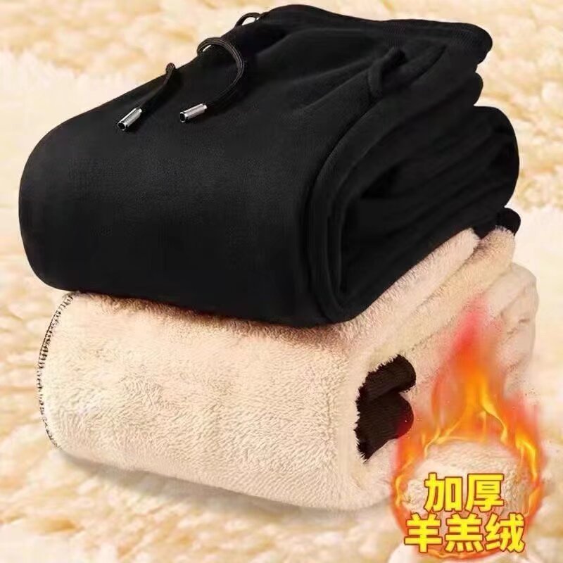 กางเกงขนแกะสีเดียวผู้ชาย ฤดูหนาวหนาป้องกันหนาว