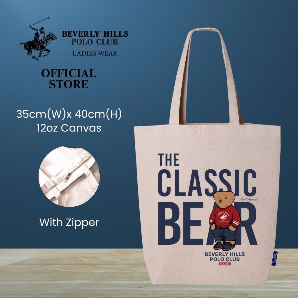 BHPC BHA001 Tote Bag Canvas Wanita Bear Print | กระเป๋าสะพายไหล่มีซิปกระเป๋าลําลองความจุขนาดใหญ่