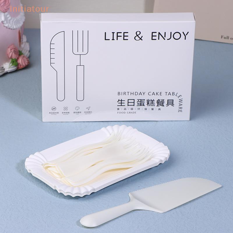 [Initiatour] 5Person 10Person White Birthday Cake Fork Set Plastic Disposable Dinner Plate Set Bakin