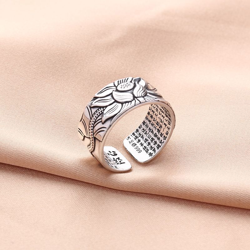 New Product#[1122Positive Review]Lotus Heart Sutra S999Sterling Silver Ring Pure Silver Relief Prajn