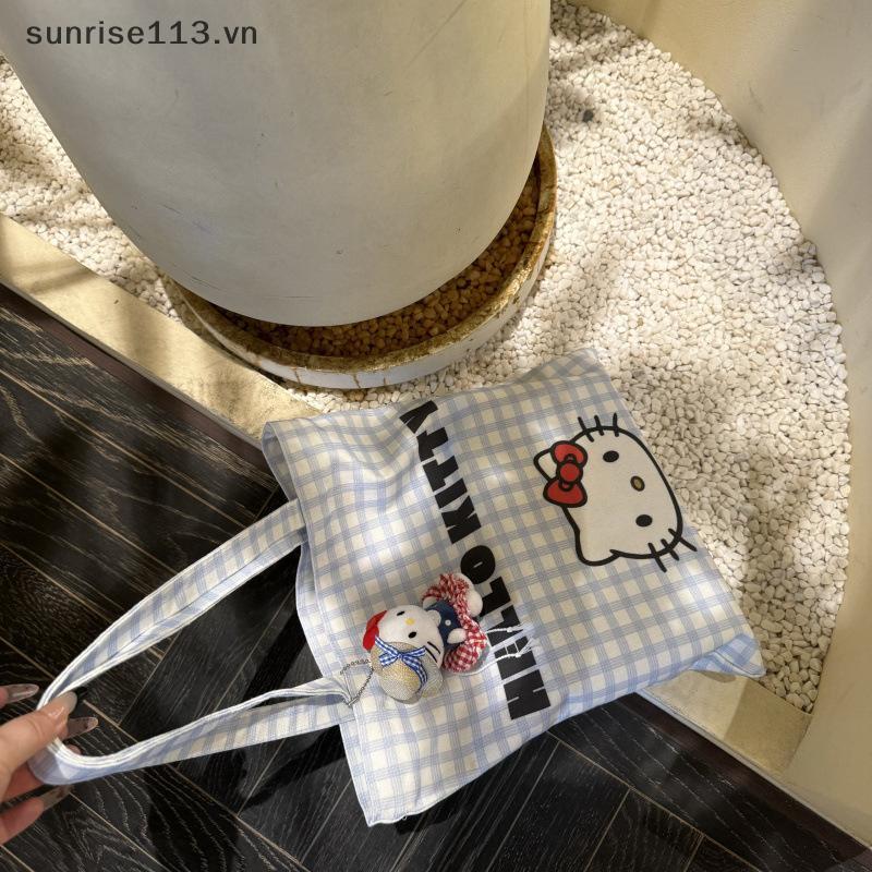 SR Beauty Cute Hello Kitty Canvas Tote Bag Cartoon KT Cat Shopping Shoulder Bags Femme กระเป๋าถือควา