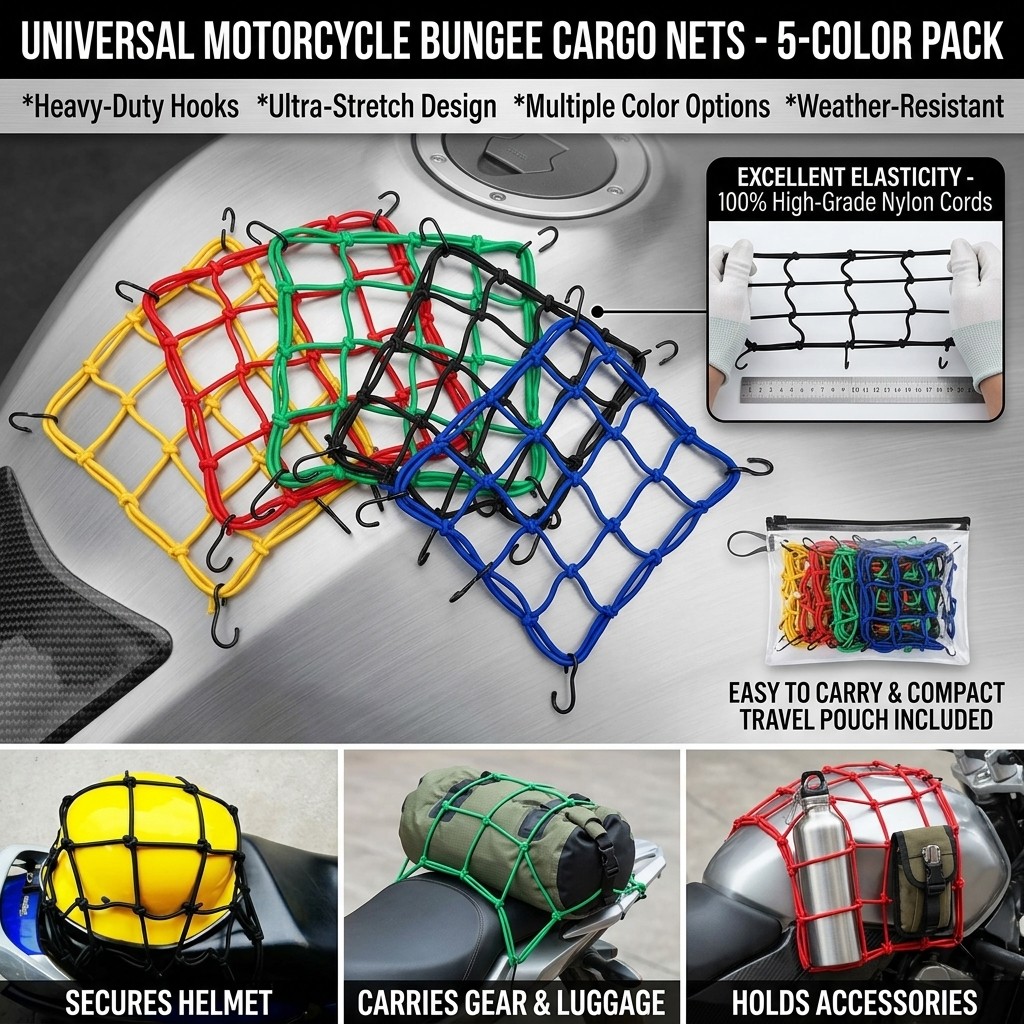 ตาข่ายคลุมตะกร้าหน้ารถมอเตอร์ไซค์ สายรัดของยางยืดแบบแบน มีตะขอ 6 ตัว motorcycle fuel tank net bag