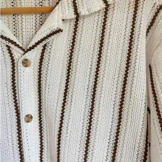 Knit Shirts • เสื้อถักแขนสั้นลายทางเล็กแอปริคอท M-3XL + ไซส์ใหญ่ หน้าผ้า56"/62"