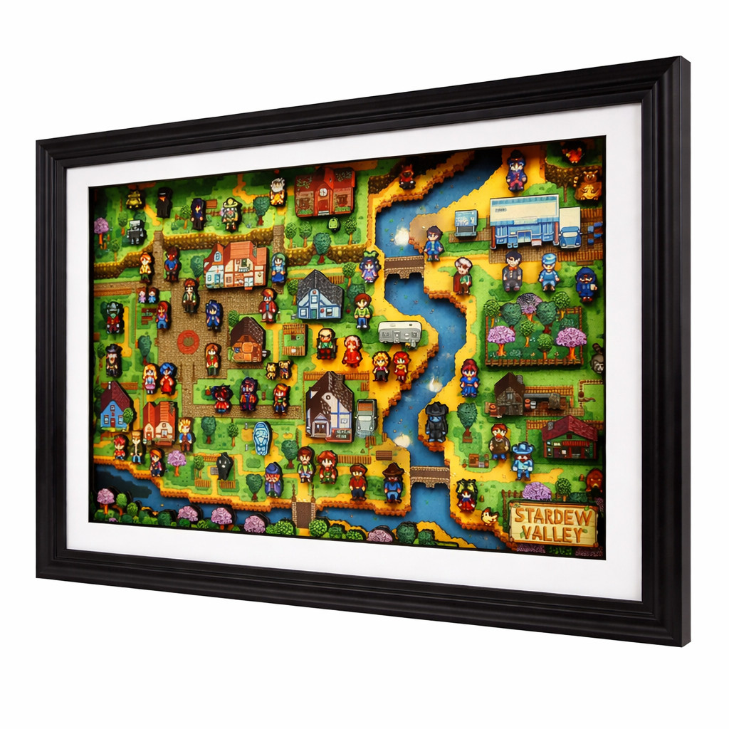Stardew Valley Pixel Art Framed กรอบรูป 3D แผนที่เมือง Pelican Town แฮนด์เมด Pixel Art สำหรับตกแต่ง