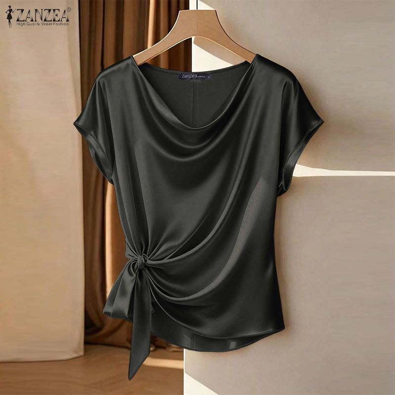 Zanzea ผู้หญิงเกาหลีสันทนาการซาติน Draped คอไม่สม่ําเสมอ Hem Twisted Knot เสื้อยืดแขนสั้น Presale — صورة 5