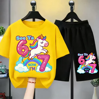 (24Hจัดส่ง)TIMI ชุดเสื้อยืดเด็กหญิง เสื้อยืดเด็กหญิง ชุดเสื้อเด็กหญิง เสื้อยืดเด็กหญิงชุดสั้น ลาย ยูนิคอร์น ตัวเลข 6 7 ส
