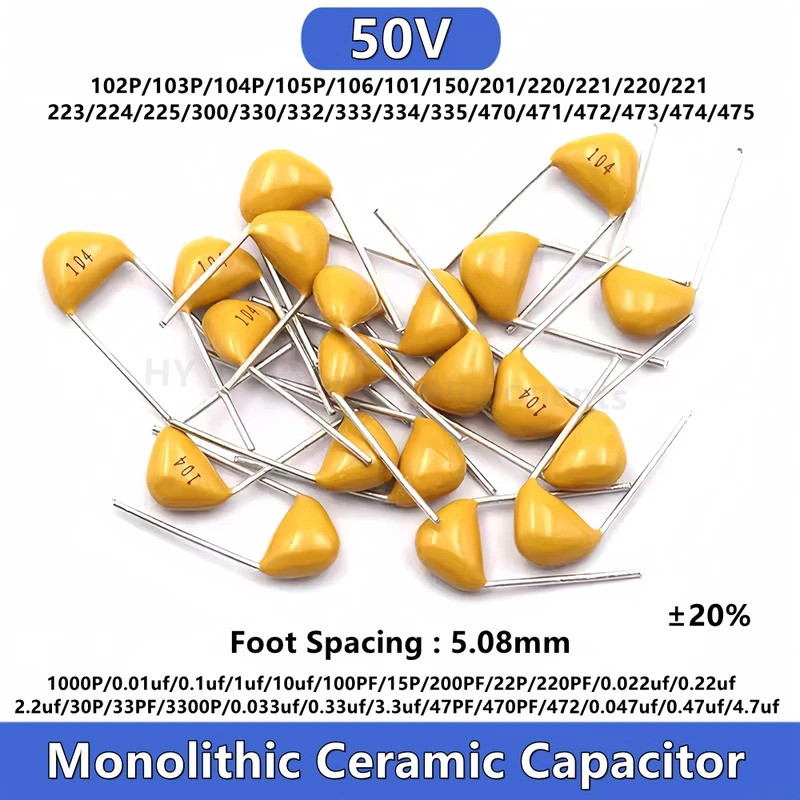 50PCS เสาหินเซรามิค Capacitor 50V 101 102 103 104 105 220 330 475 100PF 0.1UF 22P 33P 470 PF 4.7 10u