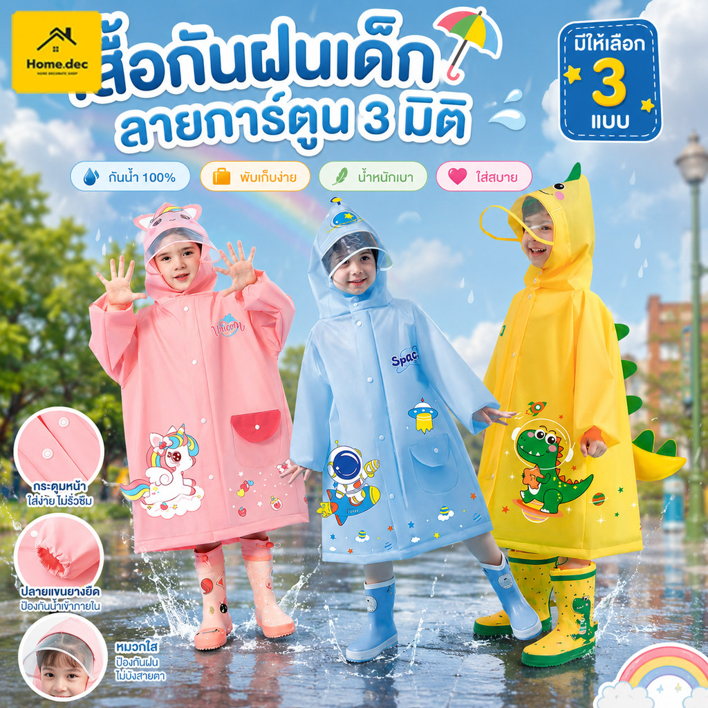 ชุดกันฝนเด็ก เสื้อกันฝนเด็ก กลายการ์ตูนน่ารัก ใช้งานง่าย ง่ายต่อการพกพา ขนาด105-140cm หลากหลายรูปแบบให้เลือก