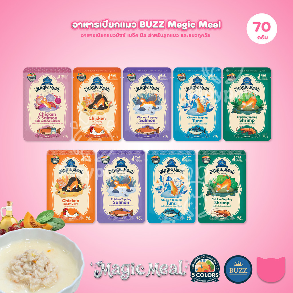 [1 ซอง] BUZZ Magic Meal อาหารเปียกแมว บัซซ์ Human Grade โปรตีนสูง ไม่เค็ม แมวกินยากชอบ 70g (Cat Wet Food,Buzz,Premium)