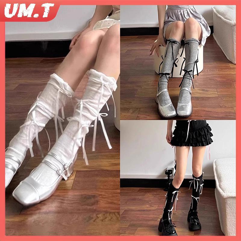 UM.T 1/2/3 คู่ Punk ผู้หญิงลูกวัว Tie ขา Sos บัลเล่ต์ Strappy น่อง Sos บาง Stoing Y2K Lolita Gothic 