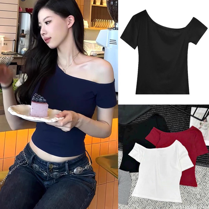 เสื้อยืดเปิดไหล่พื้นฐานแบบเรียบง่ายของผู้หญิงในผ้าคอตตอนยืด 4 ทาง QNT ม819