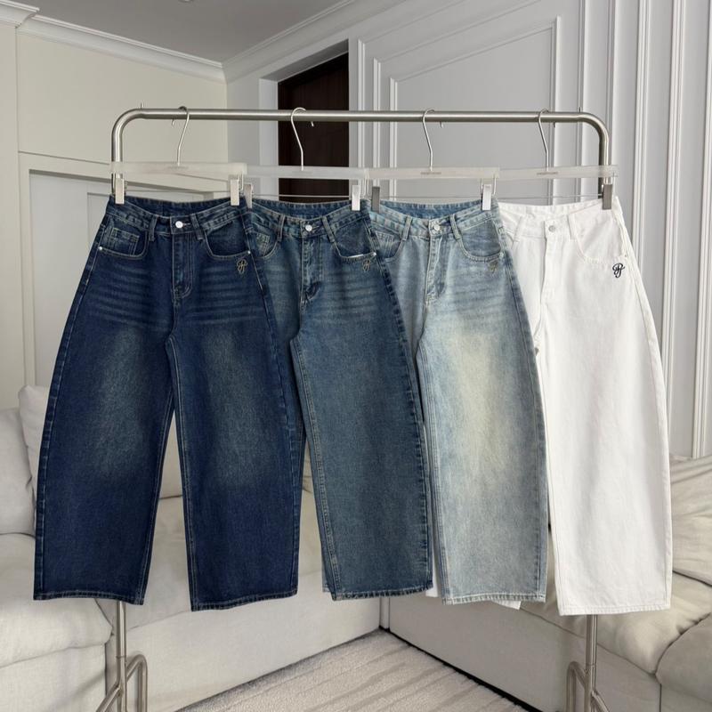 PTJ30319 Ruby Ribbons กางเกงยีนส์ขากระบอกทรง Barrel ปักโบว์ PROMTHONG