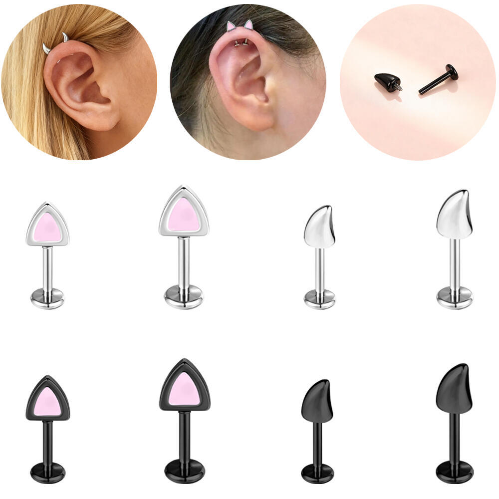 ต่างหูสเตทเลสสตีลขนาด 6/8 มม. แบบ Cat Devil สำหรับการเจาะ Labret, Helix และ Daith ด้ายภายใน มีให้เลือกสีดำและสีชมพู