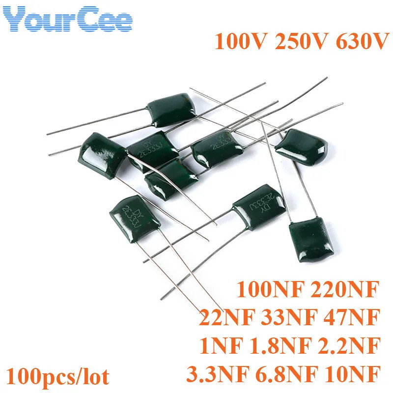 100pcs โพลีเอสเตอร์ฟิล์มตัวเก็บประจุ 100V 250V 630V 1NF 10NF 47NF 100NF 220NF 2A102 2A103 2A104 2J47