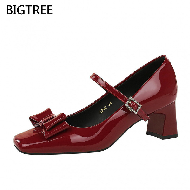 [5 ซม.] BIGTREE สุภาพสตรีรองเท้าส้นสูงหนา 6292-H89 แฟชั่นสิทธิบัตรหนังกลางส้น Mary Jane รองเท้าผู้หญ