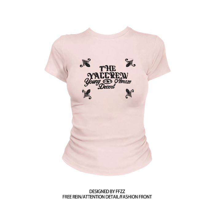 COD [40 ชิ้น + ผ้าฝ้าย 92% + 8% Spandex] รอบคอแขนสั้นพิมพ์เสื้อยืดผู้หญิง Slim-fit ฤดูร้อนสไตล์ใหม่ห