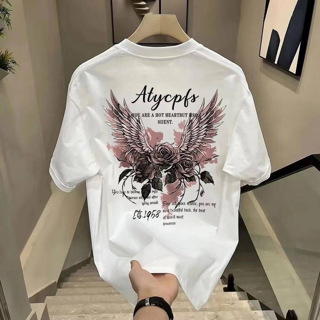 2026 American Retro Hip-Hop Rose ins คู่สไตล์ National Street สวมใส่หลวมรุ่นผู้ชายผู้หญิงรอบคอฤดูร้อ