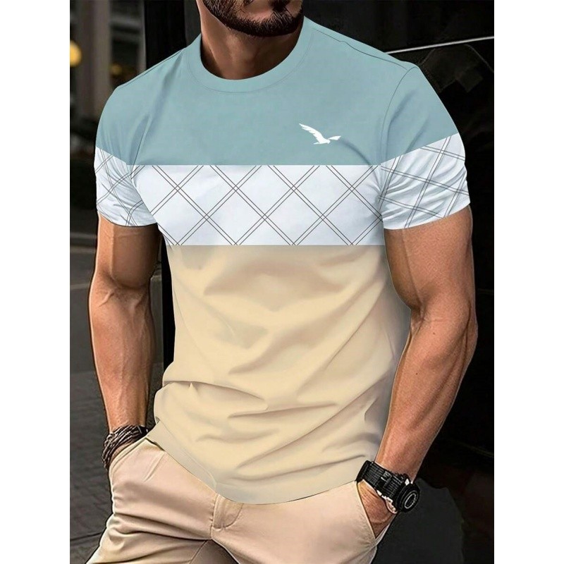 3D พิมพ์เรขาคณิต Splicing T เสื้อสําหรับชายสีสันลายเสื้อยืดฤดูร้อนสบายๆ O-คอ Tees หลวมแขนสั้น