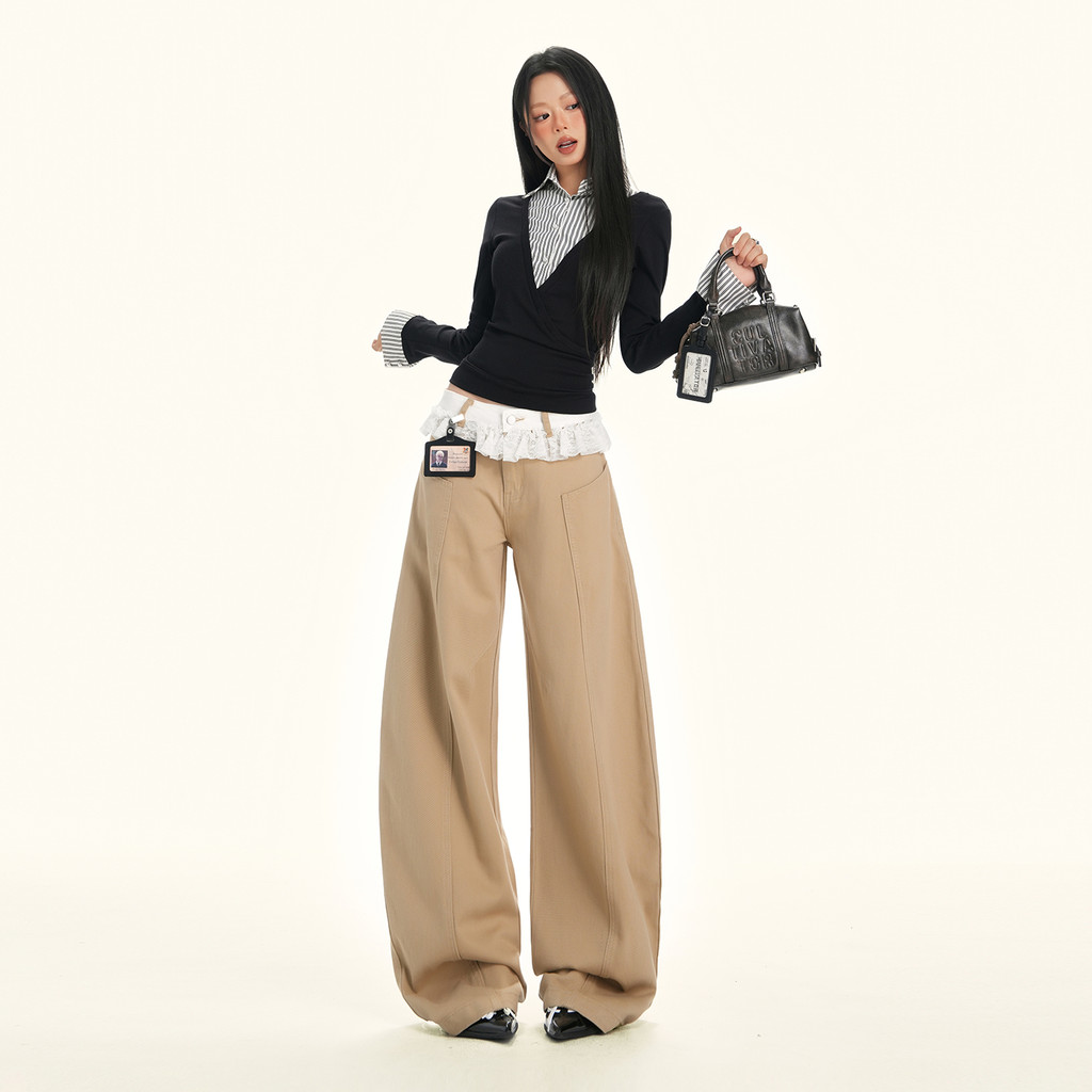 26 ootd! American Retro Khaki Lace Machete กางเกงยีนส์ออกแบบกางเกงขากว้างหลวม